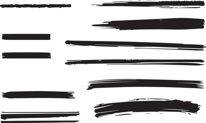 Variegated Grunge Brush Strokes Collection on White Background. An assorted assortment of black grunge brush strokes perfect for textured designs and artistic graphics, isolated on white. Vector brus