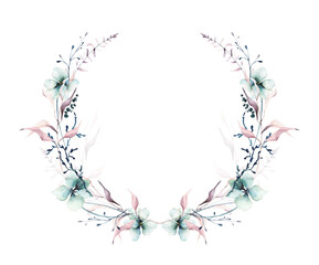 Watercolor painted floral symmetric round frame. Pink flowers, blue, turquoise wild meadow and forest twigs, moss branch, green leaves. Hand drawn illustration. Watercolour artistic template design.
