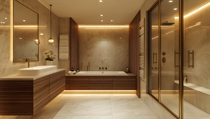 Luxurious bathroom with marble walls wooden accents interior design concept 