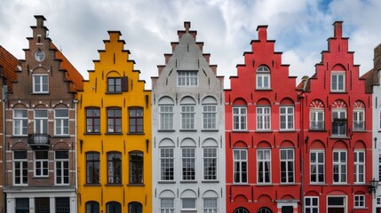 Obraz premium Colorful historic buildings in Bruges showcasing unique architecture under a cloudy sky