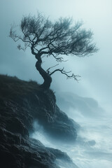 Haunting dead tree silhouette on a misty hillside, cold and eerie atmosphere, twisted branches, deep shadows, dark and moody sky, isolated and desolate, 3D elements for added depth