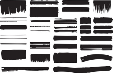 Variegated Grunge Brush Strokes Collection on White Background. An assorted assortment of black grunge brush strokes perfect for textured designs and artistic graphics, isolated on white. Vector brus