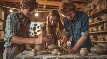 A young couple enjoying making clay sculptures using a pottery and helping each other make a flower vase out of clay.