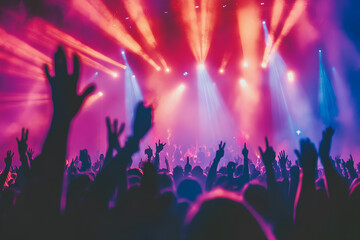 Silhouetted concert crowd rejoices under vibrant stage lights at music festival, 3d rendering, generative ai