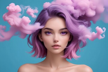 Naklejka premium Young woman with purple hair and pink clouds.