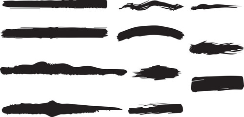 Variegated Grunge Brush Strokes Collection on White Background. An assorted assortment of black grunge brush strokes perfect for textured designs and artistic graphics, isolated on white. Vector brus