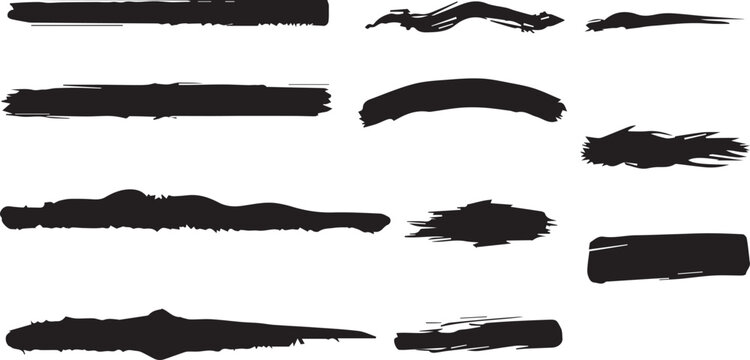 Variegated Grunge Brush Strokes Collection on White Background. An assorted assortment of black grunge brush strokes perfect for textured designs and artistic graphics, isolated on white. Vector brus