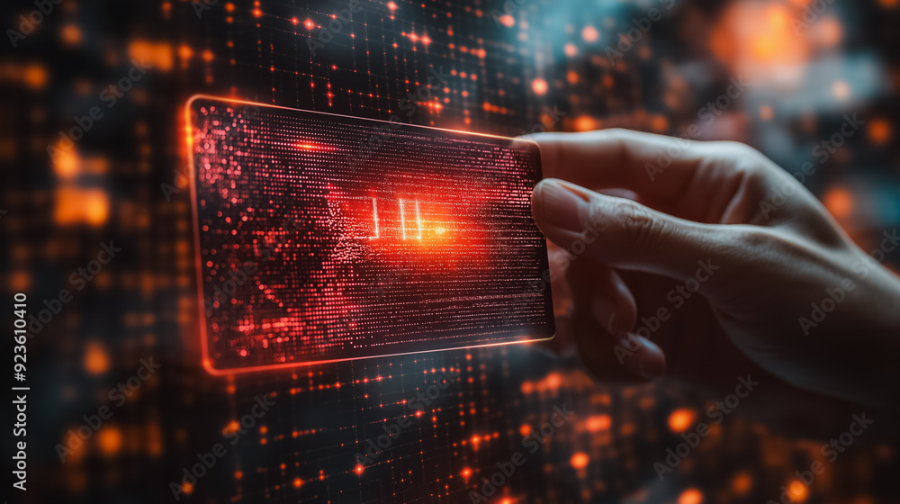Poster digital identity and cybersecurity, businessman displaying digital id card on virtual screen, secure