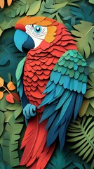 Obraz premium Vibrant paper art of a colorful parrot perched among lush tropical foliage, showcasing intricate details and vivid colors in a creative design.