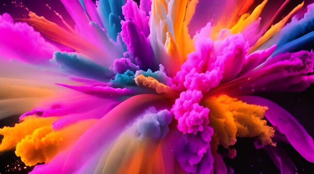 Colored powder explosion from center of image exploding 360 degreesin air, abstract close up dust isolated on black background in slow motion