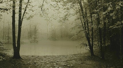 Naklejka premium Foggy Forest Clearing with Soft Light and Trees