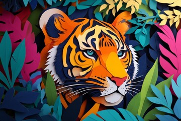 Obraz premium Vibrant paper art of a tiger in a jungle, showcasing intricate details and bold colors of its surroundings.
