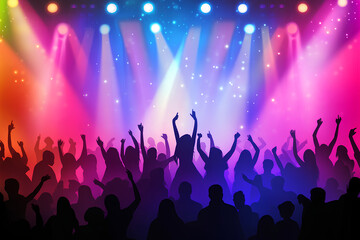 Silhouetted concert crowd rejoices under vibrant stage lights at music festival, 3d rendering, generative ai