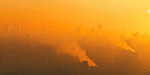 Obraz premium Air pollution is the suffocating blanket of smog, harming health and reducing visibility: Illustrate air pollution as a thick blanket of smog hanging over a city, symbolizing the impact of polluted