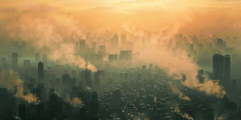 Air pollution is the suffocating blanket of smog, harming health and reducing visibility: Illustrate air pollution as a thick blanket of smog hanging over a city, symbolizing the impact of polluted