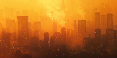 Air pollution is the suffocating blanket of smog, harming health and reducing visibility: Illustrate air pollution as a thick blanket of smog hanging over a city, symbolizing the impact of polluted