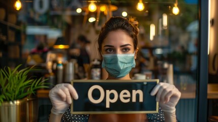 A barista in a mask stands at the entrance, smiling while displaying an open sign, inviting customers into the bustling café
