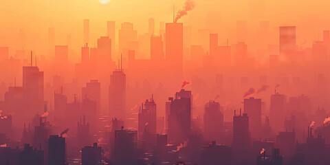 Fototapeta premium Air pollution is the suffocating blanket of smog, harming health and reducing visibility: Illustrate air pollution as a thick blanket of smog hanging over a city, symbolizing the impact of polluted