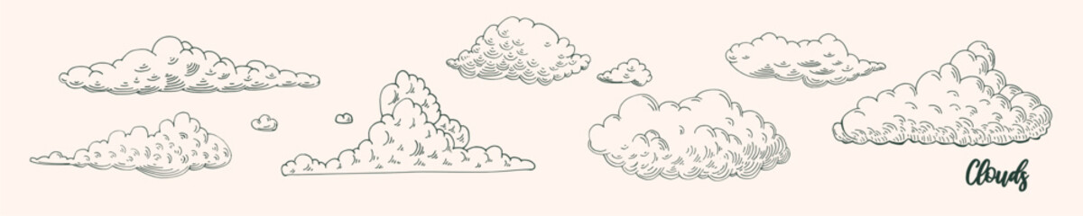 Set engraved style clouds sketch. Hand drawn vintage retro style isolated on white background. Vector illustration