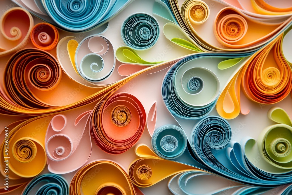 Poster vibrant paper quilling artwork with colorful rolled and curled paper shapes creating an intricate an