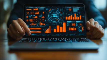 Laptop with productivity process icons, businessman focused on efficiency and growth, industrial management theme, lean cost strategies, modern office setting, vibrant colors