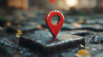 A red location pin stands on a wet stone surface, symbolizing navigation and mapping.