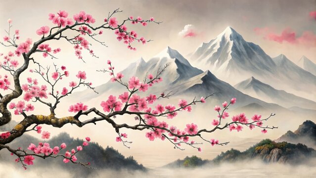 Traditional Japanese sumi-e painting of cherry blossoms (sakura) against a backdrop of mountains , Japan, traditional