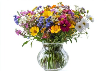 A Vibrant Bouquet of Colorful Wildflowers in a Glass Vase on a White Background, Exuding Natural Beauty and Serenity.