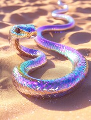 Rainbow colored snake in the sand, in the style of holographic, AI generated