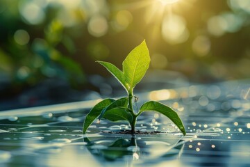 A young plant growing on a solar panel, symbolizing sustainability and renewable energy.