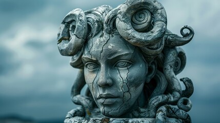 Fototapeta premium Stone sculpture of a Gorgon with coiled hair under cloudy sky