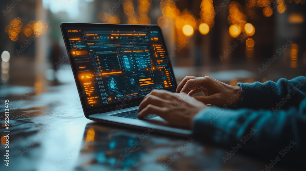 Poster businessman with laptop, automation icons on virtual screen, workflow optimization, automated busine