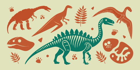 Linocut dinosaur set, dino fossil print collection, skeleton vector silhouette, prehistoric monster. Diplodocus outline print, woodcut engraving Jurassic reptile sticker, skull. Linocut dinosaur stamp