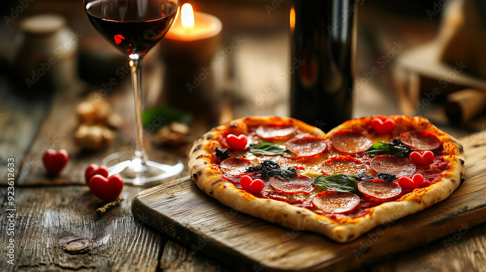 Wall mural pizza in the shape of heart with wine for st. valentine's day concept. food background.