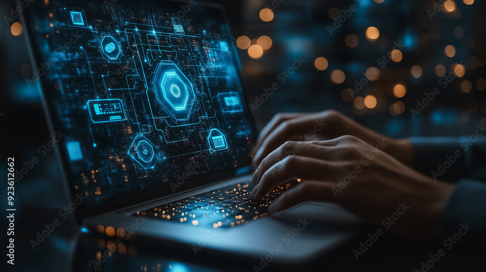 Poster business automation concept, businessman with laptop, virtual screen showing automation icons, optim