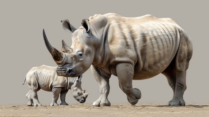 Fototapeta premium Two rhinoceroses walking together on sandy terrain in a neutral setting