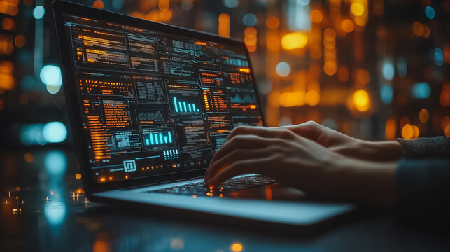 Automation workflow, businessman using laptop, virtual screen displaying automation icons, business process optimization, high-tech business strategy, seamless integration