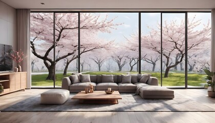 Modern living room interior with large glass window looking out to blooming sakura tree. Generative AI