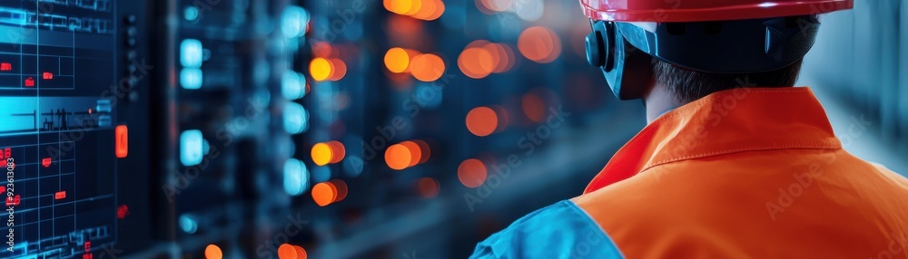 Poster tech worker in safety gear monitoring servers in a data center with glowing lights, showcasing moder