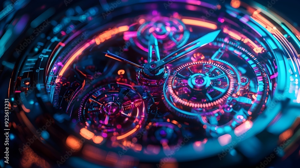 Poster mesmerizing holographic timepiece with transparent gears and circuits,showcasing the mechanical