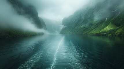 Misty fjord landscape with tranquil waters and lush greenery in overcast weather