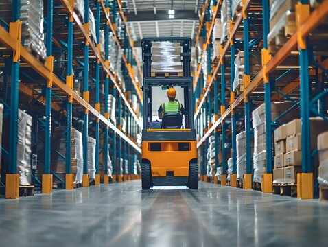Warehouse worker operating a forklift to move pallets in a large storage facility during daytime