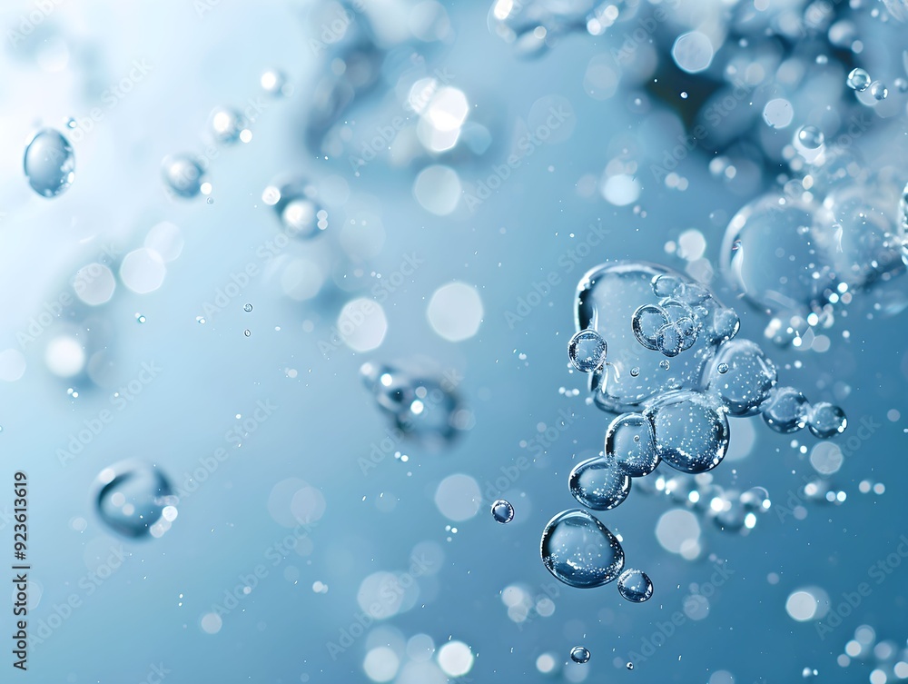 Poster bubbles rise through clear blue water creating an abstract pattern in a tranquil aquatic environment