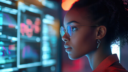 Black woman interacting with digital devices and software in a modern, tech-forward office environment.