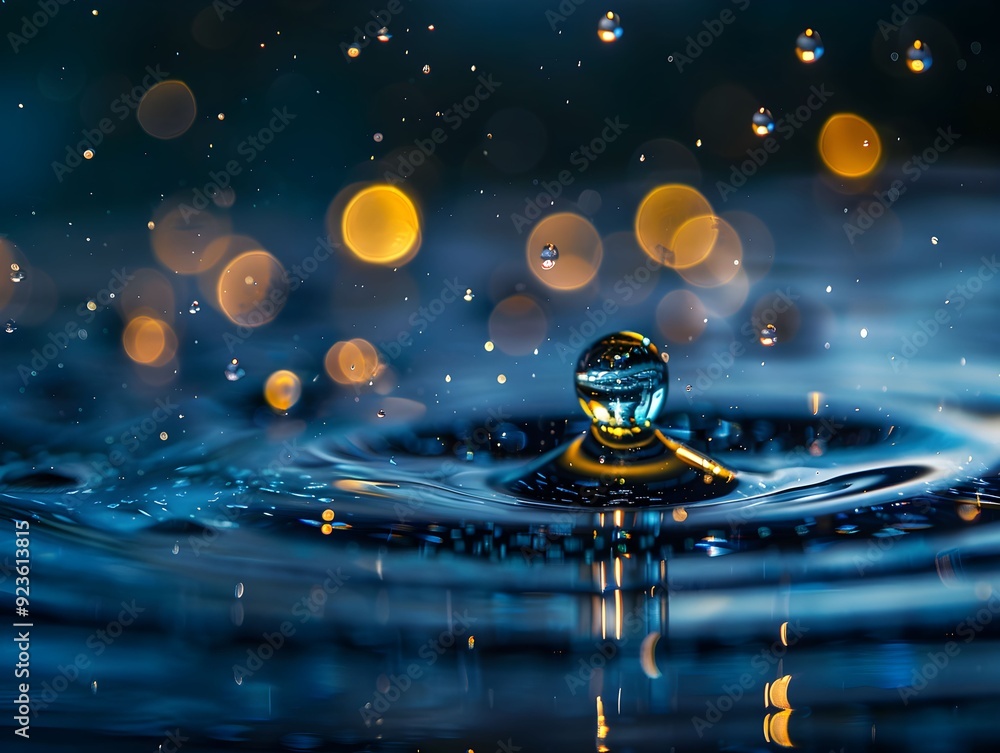 Poster close-up of water droplets splashing on a reflective surface with shimmering lights in the backgroun
