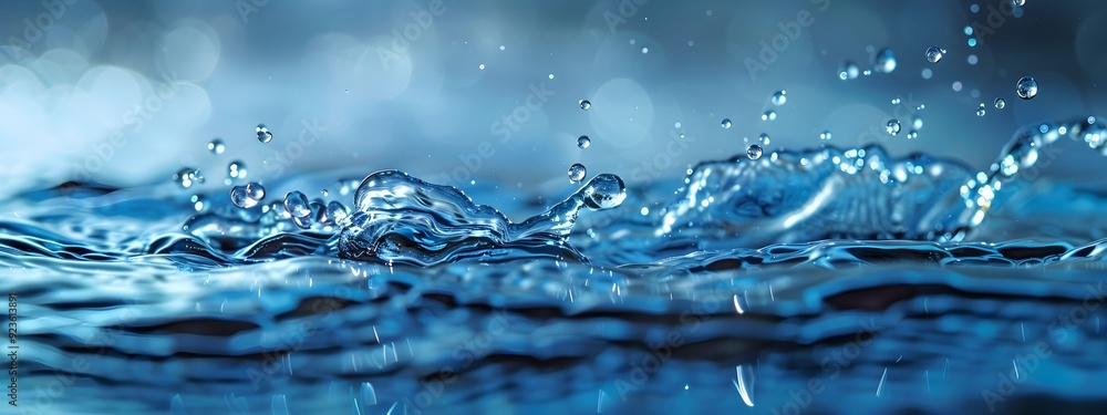 Poster water droplets splash and create ripples on a calm surface in a serene blue setting