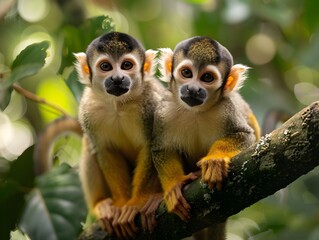 Two playful monkeys sitting on a branch in a lush rainforest during daylight