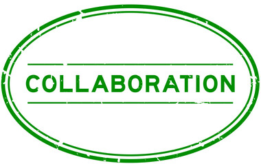 Grunge green collaboration word oval rubber stamp in white background