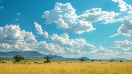 Fototapeta premium Expansive grassland under a bright blue sky with fluffy clouds in a serene landscape