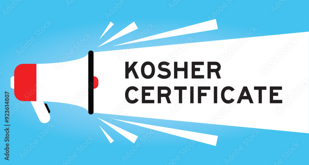 Sticker color megaphone icon with word kosher certificate in white banner on blue background